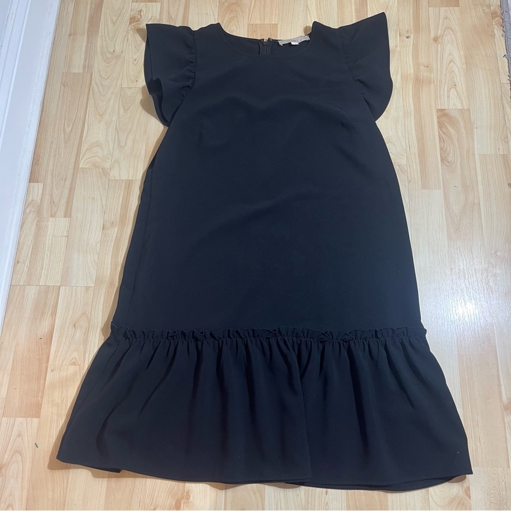 Loft Womens Shift Dress Black Ruffle Flare Cap Sleeves Size Medium